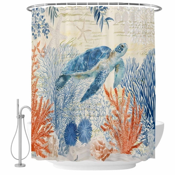 Small Stall Shower Curtain 36x72 Inch Narrow Half Size Sea Turtle Coastal Bath Curtains Bathroom Decor, Blue Red Summer Beach Coral Nautical Vintage Waterproof Shower Curtain Set with Hooks 36 Inch