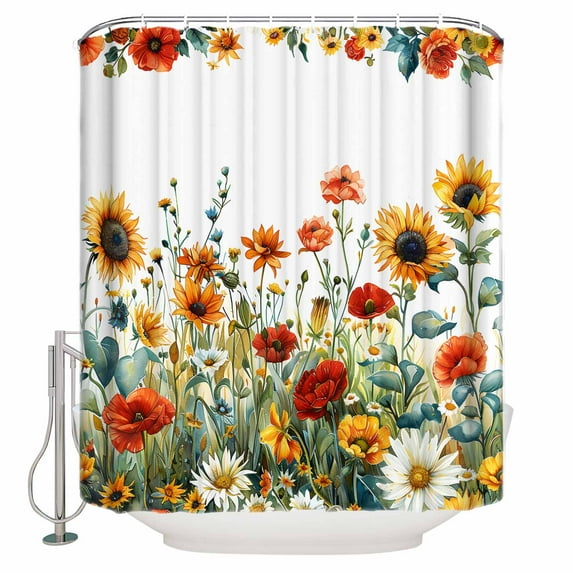 Small Stall Shower Curtain 36x72 Inch Narrow Half Size Spring Floral Bath Curtains Bathroom Decor Summer Sunflower Botanical Waterproof Fabric Shower Curtain Set with Hooks 36 Inch