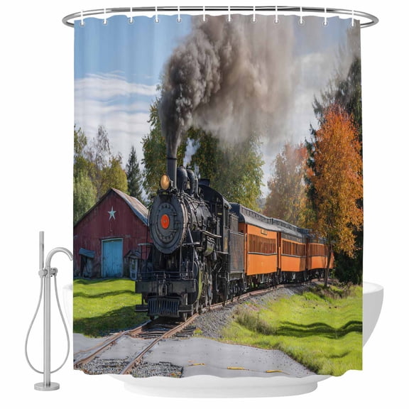 Small Stall Shower Curtain 36x72 Inch Narrow Half Size Steam Train Bath Curtains Bathroom Decor, Railroad Country Barn Rustic Trees Farmhouse Waterproof Fabric Shower Curtain Set with Hooks 36 Inch