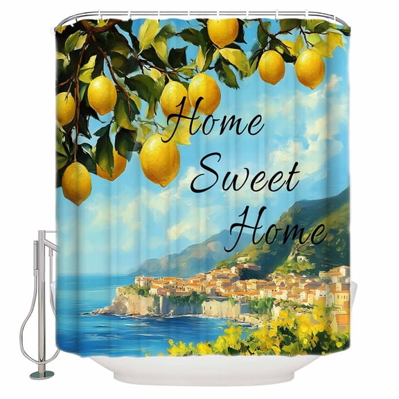 Small Stall Shower Curtain 36x72 Inch Narrow Half Size Summer Lemon Bath Curtains Bathroom Decor Coastal Beach Fruit Mountain Town Waterproof Fabric Shower Curtain Set with Hooks 36 Inch