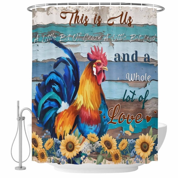 Small Stall Shower Curtain 36x72 Inch Narrow Half Size Sunflowers Chickens Bath Curtains Bathroom Decor, Farms Animal Wooden Grain Cabin Waterproof Fabric Shower Curtain Set with Hooks 36 Inch