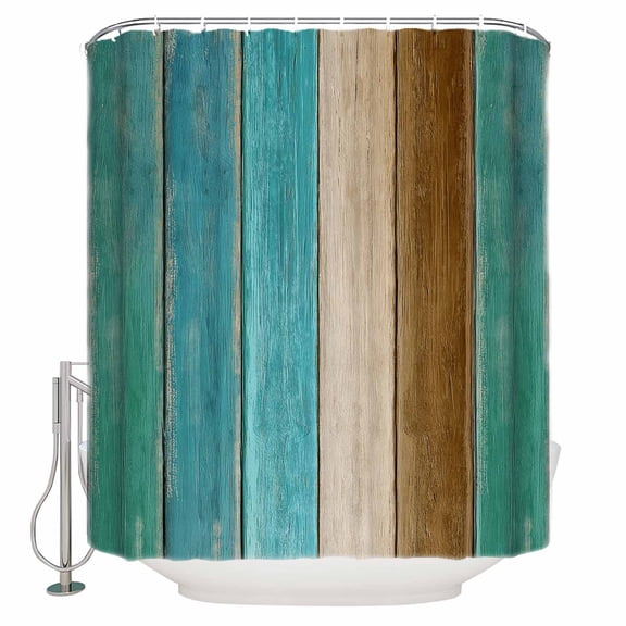 Small Stall Shower Curtain 36x72 Inch Narrow Half Size Teal Blue Brown Bath Curtains Bathroom Decor Vintage Farmhouse Art Wooden Retro Waterproof Fabric Shower Curtain Set with Hooks 36 Inch