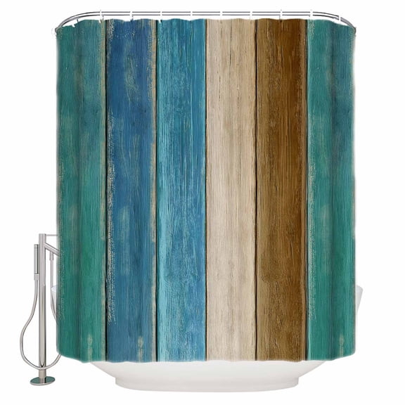 Small Stall Shower Curtain 36x72 Inch Narrow Half Size Teal Brown Blue Wooden Bath Curtains Bathroom Decor Farmhouse Vertical Striped Art Waterproof Fabric Shower Curtain Set with Hooks 36 Inch