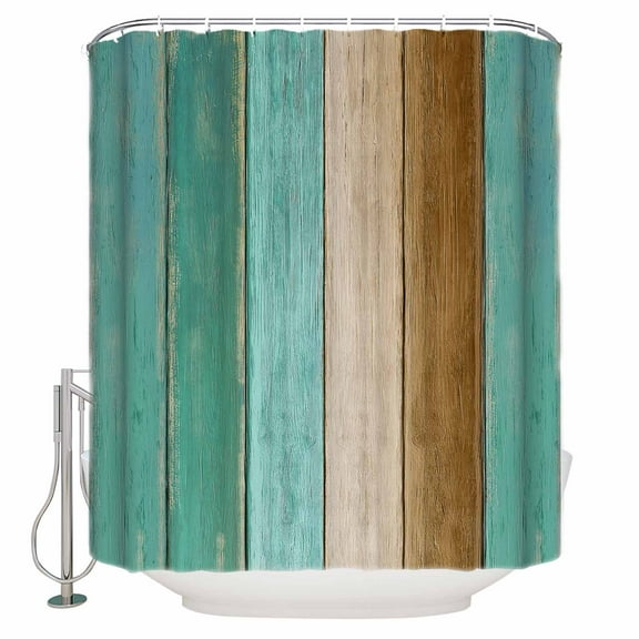 Small Stall Shower Curtain 36x72 Inch Narrow Half Size Teal Brown Wooden Bath Curtains Bathroom Decor Farmhouse Vertical Striped Art Waterproof Fabric Shower Curtain Set with Hooks 36 Inch