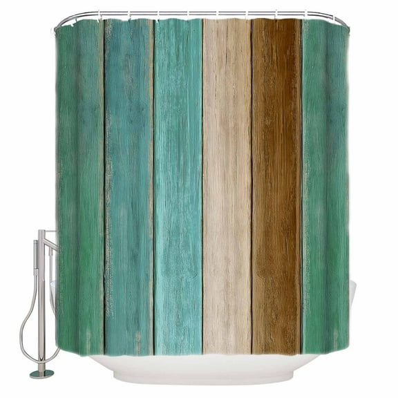 Small Stall Shower Curtain 36x72 Inch Narrow Half Size Teal Green Brown Bath Curtains Bathroom Decor Vintage Farmhouse Art Wooden Retro Waterproof Fabric Shower Curtain Set with Hooks 36 Inch