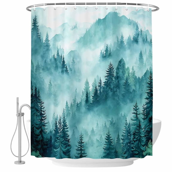 Small Stall Shower Curtain 36x72 Inch Narrow Half Size Teal Mountain Bath Curtains Bathroom Decor, Misty Forest Nature Woodland Pine Tree Landscape Waterproof Shower Curtain Set with Hooks 36 Inch