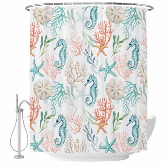 Small Stall Shower Curtain 36x72 Inch Narrow Half Size Teal Red Seahorse Coastal Bath Curtains Bathroom Decor, Nautical Beach Coral Starfish Waterproof Fabric Shower Curtain Set with Hooks 36 Inch