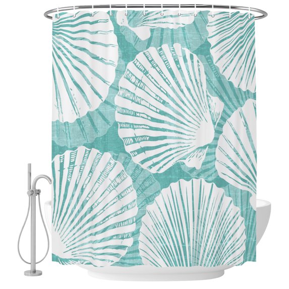 Small Stall Shower Curtain 36x72 Inch Narrow Half Size Teal Scallop Coastal Bath Curtains Bathroom Decor, Summer Beach Nautical Waterproof Fabric Shower Curtain Set with Hooks 36 Inch
