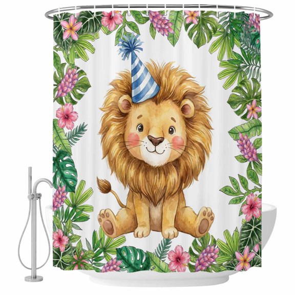 Small Stall Shower Curtain 36x72 Inch Narrow Half Size Tropical Lions Bath Curtains Bathroom Decor, Summer Cute Animal Palm Leaves Waterproof Fabric Shower Curtain Set with Hooks 36 Inch