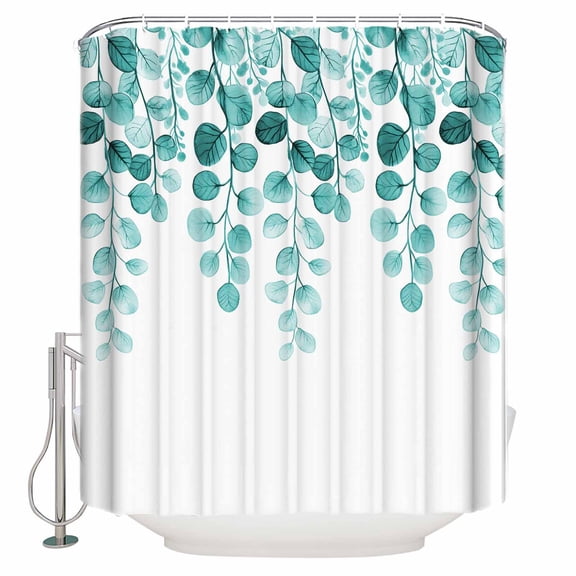 Small Stall Shower Curtain 36x72 Inch Narrow Half Size Turquoise Eucalyptus Leaves Bath Curtains Bathroom Decor Watercolor Floral Leaf Waterproof Fabric Shower Curtain Set with Hooks 36 Inch