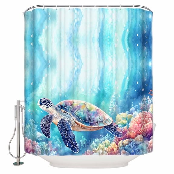 Small Stall Shower Curtain 36x72 Inch Narrow Half Size Turtle Bath Curtains Bathroom Decor Coastal Ocean Coral Gradient Watercolor Waterproof Fabric Shower Curtain Set with Hooks 36 Inch