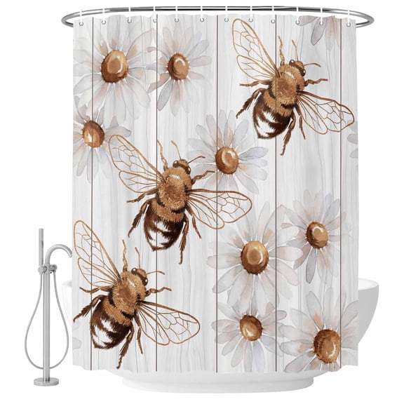 Small Stall Shower Curtain 36x72 Inch Narrow Half Size Vintage Bees Daisy Bath Curtains Bathroom Decor, Wooden Farmhouse Art Retro Waterproof Fabric Shower Curtain Set with Hooks 36 Inch
