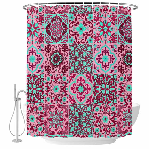 Small Stall Shower Curtain 36x72 Inch Narrow Half Size Vintage Middle Century Bath Curtains Bathroom Decor, Abstract Bohemia Style Aztec Pink Waterproof Fabric Shower Curtain Set with Hooks 36 Inch