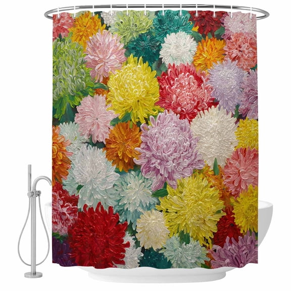 Small Stall Shower Curtain 36x72 Inch Narrow Half Size Watercolor Chrysanthemum Bath Curtains Bathroom Decor, Vintage Abstract Oil Painting Floral Waterproof Shower Curtain Set with Hooks 36 Inch