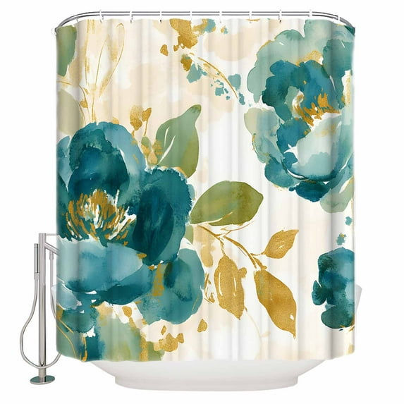 Small Stall Shower Curtain 36x72 Inch Narrow Half Size Watercolor Flower Bath Curtains Bathroom Decor Turquoise Green Elegant Retro Floral Waterproof Fabric Shower Curtain Set with Hooks 36 Inch