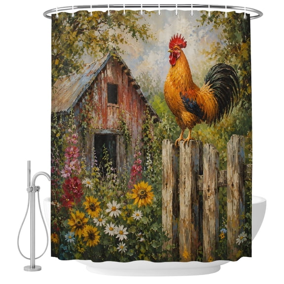 Small Stall Shower Curtain 36x72 Inch Narrow Half Size Wooden Barn Bath Curtains Bathroom Decor, Country Rooster Wildflowers Rustic Waterproof Fabric Shower Curtain Set with Hooks 36 Inch