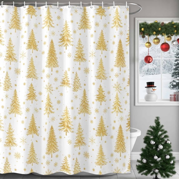 Small Stall Shower Curtain 36x72 Inch Narrow Half Size Yellow Christmas Tree Bath Curtains Bathroom Decor, Xmas Trees Snwoflake Winter Waterproof Fabric Shower Curtain Set with Hooks 36 Inch