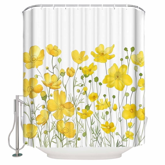 Small Stall Shower Curtain 36x72 Inch Narrow Half Size Yellow Daisy Bath Curtains Bathroom Decor Spring Floral Summer Botanical Watercolor Waterproof Fabric Shower Curtain Set with Hooks 36 Inch