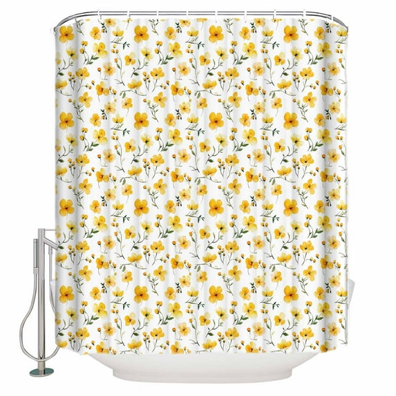 Small Stall Shower Curtain 36x72 Inch Narrow Half Size Yellow Spring Floral Bath Curtains Bathroom Decor Summer Botanical Elegant Waterproof Fabric Shower Curtain Set with Hooks 36 Inch
