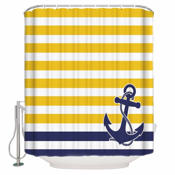 Small Stall Shower Curtain 36x72 Inch Narrow Half Size Yellow Striped Bath Curtains Bathroom Decor Navy Blue Nautical Anchor Geometric Waterproof Fabric Shower Curtain Set with Hooks 36 Inch