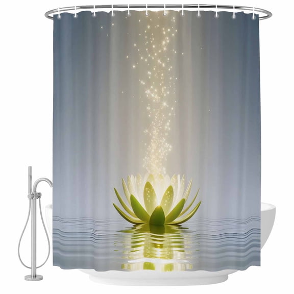 Small Stall Shower Curtain 36x72 Inch Narrow Half Size Zen Meditation Lotus Floral Bath Curtains Bathroom Decor, Green Floral Modern Art Waterproof Fabric Shower Curtain Set with Hooks 36 Inch