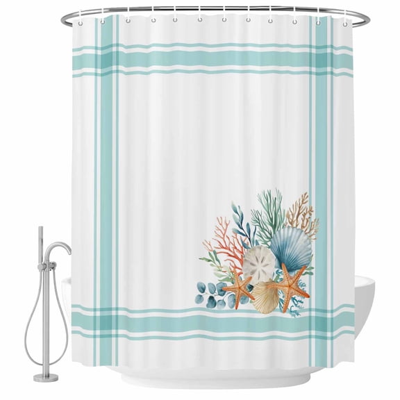 Small Stall Shower Curtain 36x78 Inch Narrow Half Size Aqua Coastal Bath Curtains Bathroom Decor, Nautical Seashells Coral Leaves Stripes Waterproof Fabric Shower Curtain Set with Hooks 36 Inch