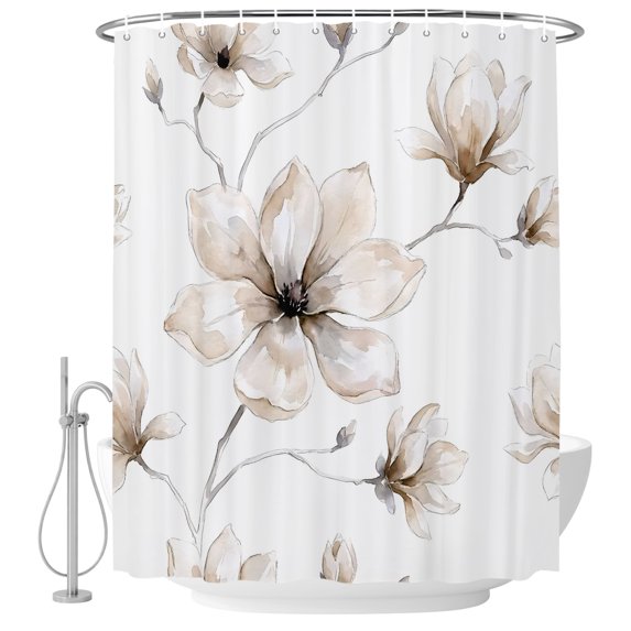 Small Stall Shower Curtain 36x78 Inch Narrow Half Size Beige Painting Floral Bath Curtains Bathroom Decor, Farmhouse Flowers Classic Waterproof Fabric Shower Curtain Set with Hooks 36 Inch