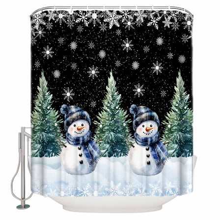 Small Stall Shower Curtain 36x78 Inch Narrow Half Size Black Snowman Christmas Bath Curtains Bathroom Decor Snowflake Green Xmas Tree Waterproof Fabric Shower Curtain Set with Hooks 36 Inch