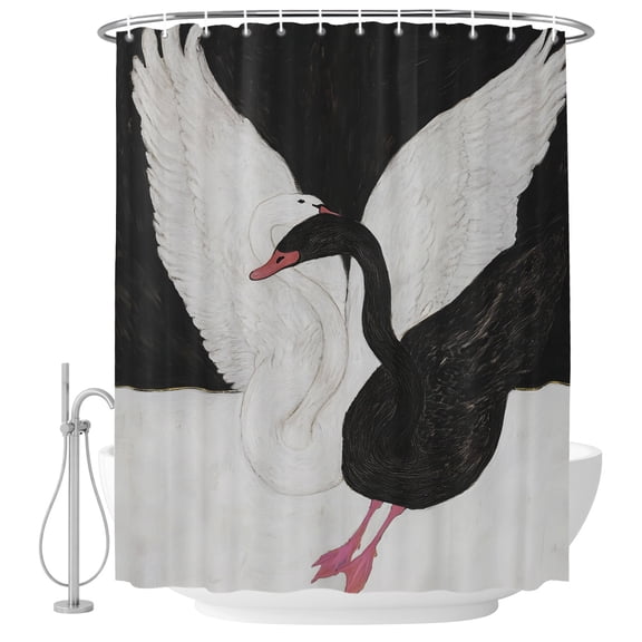 Small Stall Shower Curtain 36x78 Inch Narrow Half Size Black White Swan Bath Curtains Bathroom Decor, Romantic Swans Interlocked Necks Vintage Waterproof Fabric Shower Curtain Set with Hooks 36 Inch