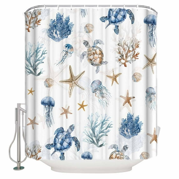 Small Stall Shower Curtain 36x78 Inch Narrow Half Size Blue Brown Coastal Bath Curtains Bathroom Decor Nautical Summer Beach Sea Turtle Waterproof Fabric Shower Curtain Set with Hooks 36 Inch