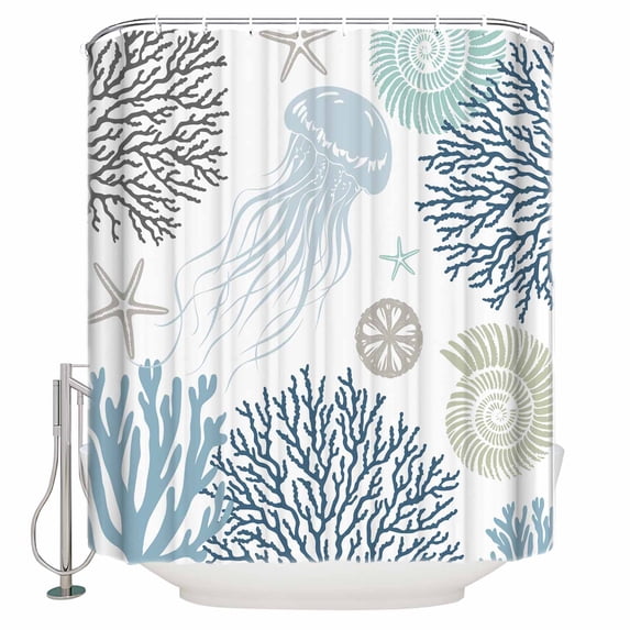 Small Stall Shower Curtain 36x78 Inch Narrow Half Size Blue Coastal Bath Curtains Bathroom Decor Teal Coral Jellyfish Nautical Waterproof Fabric Shower Curtain Set with Hooks 36 Inch