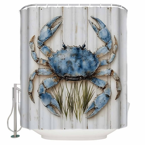 Small Stall Shower Curtain 36x78 Inch Narrow Half Size Blue Crab Coastal Bath Curtains Bathroom Decor Vintage Beach Nautical Coral Sea Waterproof Fabric Shower Curtain Set with Hooks 36 Inch