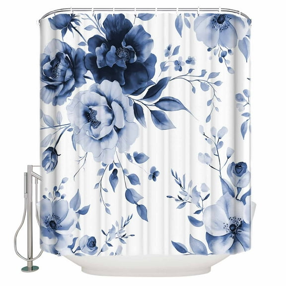 Small Stall Shower Curtain 36x78 Inch Narrow Half Size Blue Floral Art Bath Curtains Bathroom Decor Watercolor Botanical Spring Flowers Waterproof Fabric Shower Curtain Set with Hooks 36 Inch