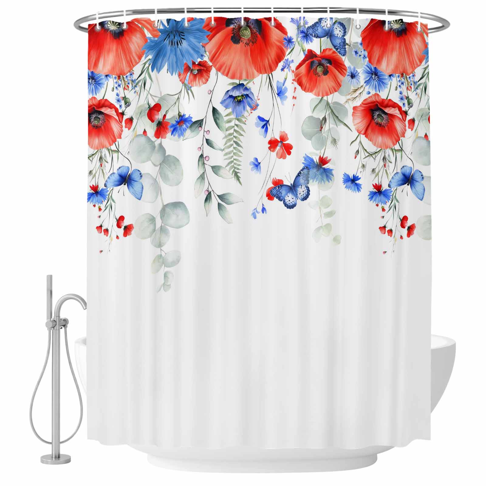 Small Stall Shower Curtain 36x78 Inch Narrow Half Size Blue Red Flowers ...