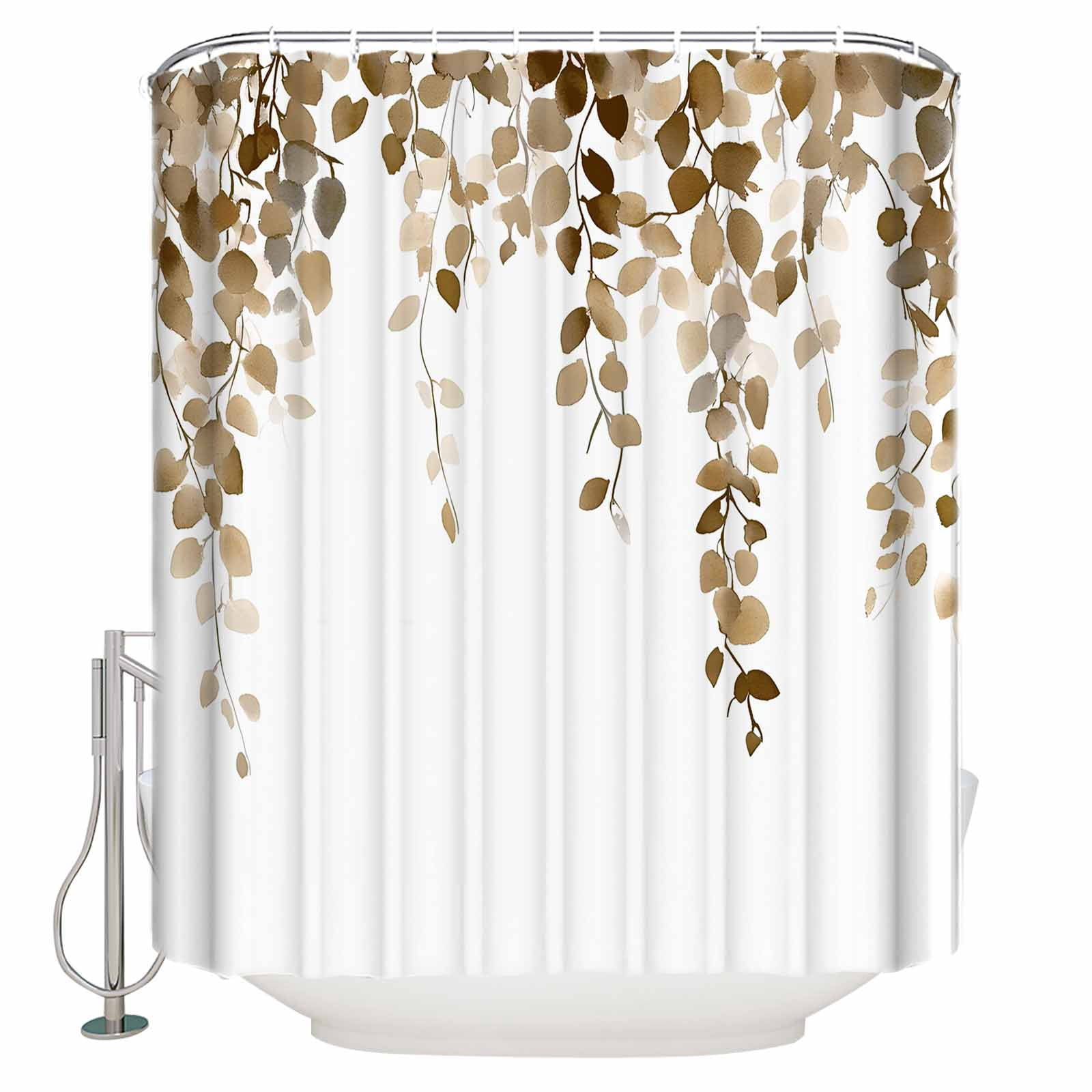 Small Stall Shower Curtain 36x78 Inch Narrow Half Size Brown Eucalyptus Leaves Bath Curtains Bathroom Decor Watercolor Summer Botanical Waterproof Fabric Shower Curtain Set with Hooks 36 Inch