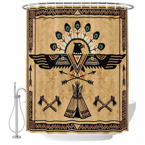 Small Stall Shower Curtain 36x78 Inch Narrow Half Size Brown Tribal Bath Curtains Bathroom Decor, Ethnic Eagle Icon Geometric Traditional Waterproof Fabric Shower Curtain Set with Hooks 36 Inch