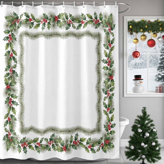 Small Stall Shower Curtain 36x78 Inch Narrow Half Size Christmas Bath Curtains Bathroom Decor, Xmas Green Pine Needles Rustic Berries Leaves Waterproof Fabric Shower Curtain Set with Hooks 36 Inch