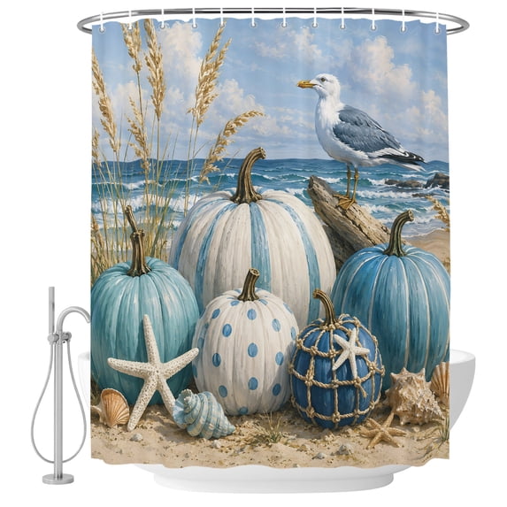 Small Stall Shower Curtain 36x78 Inch Narrow Half Size Coastal Blue Pumpkins Bath Curtains Bathroom Decor, Fall Nautical Ocean Beach Waves Waterproof Fabric Shower Curtain Set with Hooks 36 Inch