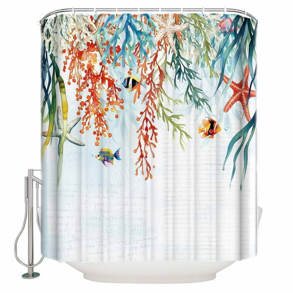 Small Stall Shower Curtain 36x78 Inch Narrow Half Size Coastal Coral Bath Curtains Bathroom Decor Summer Beach Ocean Starfish Seagrass Waterproof Fabric Shower Curtain Set with Hooks 36 Inch