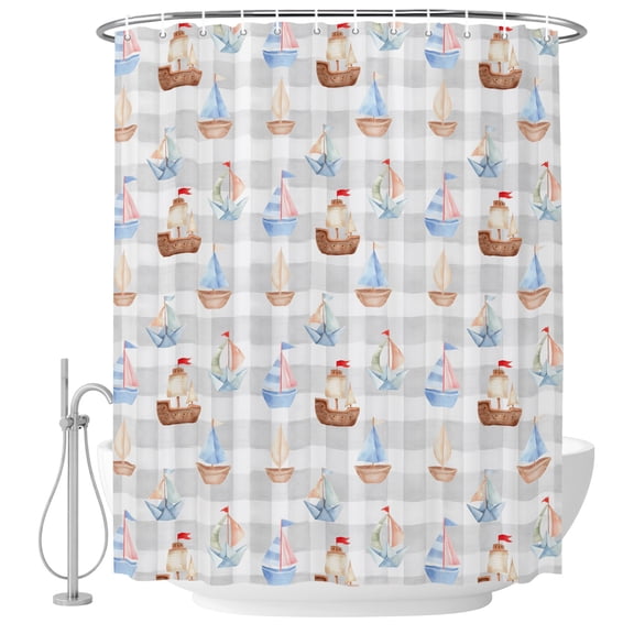 Small Stall Shower Curtain 36x78 Inch Narrow Half Size Coastal Sailing Boats Bath Curtains Bathroom Decor, Blue Gray Nautical Country Plaid Waterproof Fabric Shower Curtain Set with Hooks 36 Inch