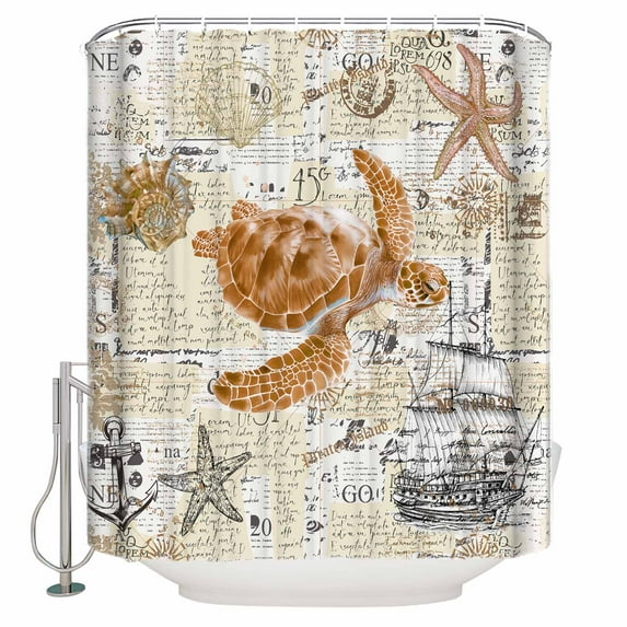 Small Stall Shower Curtain 36x78 Inch Narrow Half Size Coastal Sea Turtle Bath Curtains Bathroom Decor Vintage Nautical Summer Beach Starfish Waterproof Fabric Shower Curtain Set with Hooks 36 Inch