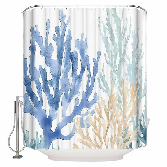 Small Stall Shower Curtain 36x78 Inch Narrow Half Size Coral Blue Green Beige Bath Curtains Bathroom Decor Summer Coastal Ocean Plant Waterproof Fabric Shower Curtain Set with Hooks 36 Inch