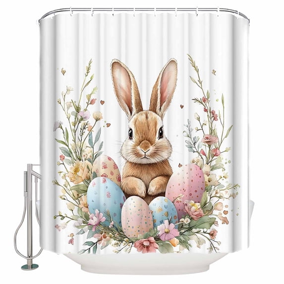 Small Stall Shower Curtain 36x78 Inch Narrow Half Size Easter Bunny Bath Curtains Bathroom Decor Boho Floral Colored Eggs Spring Flower Waterproof Fabric Shower Curtain Set with Hooks 36 Inch