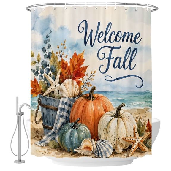 Small Stall Shower Curtain 36x78 Inch Narrow Half Size Fall Coastal Pumpkins Bath Curtains Bathroom Decor, Vintage Nautical Ocean Beach Waves Waterproof Fabric Shower Curtain Set with Hooks 36 Inch