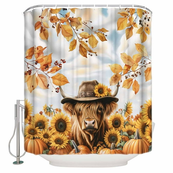 Small Stall Shower Curtain 36x78 Inch Narrow Half Size Fall Cow Bath Curtains Bathroom Decor Thanksgiving Sunflower Pumpkin Autumn Maple Leaf Waterproof Fabric Shower Curtain Set with Hooks 36 Inch