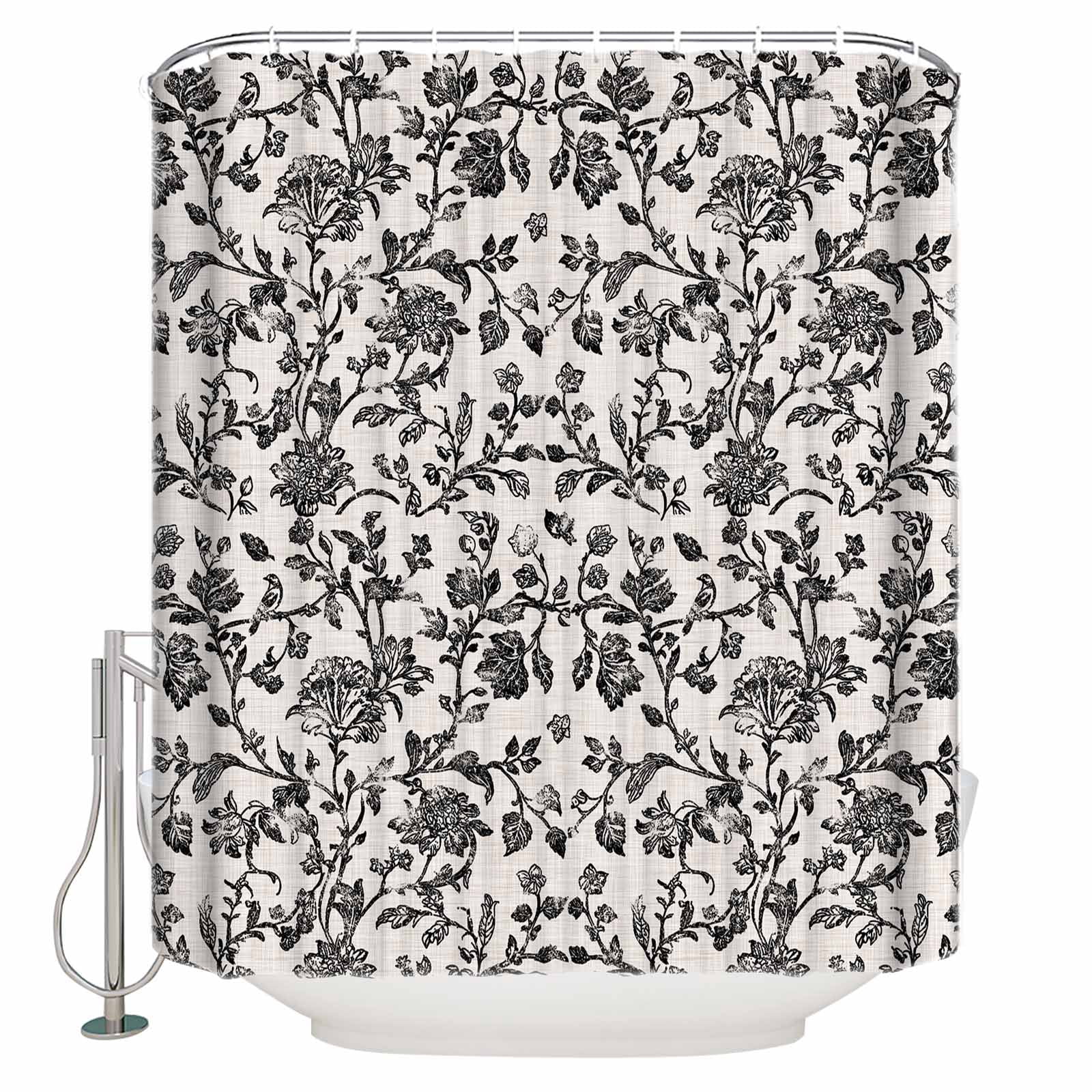 Small Stall Shower Curtain 36x78 Inch Narrow Half Size Farmhouse Black Bath Curtains Bathroom Decor Vintage Flower Leaf Botanical Plant Waterproof Fabric Shower Curtain Set with Hooks 36 Inch