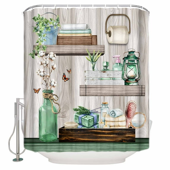 Small Stall Shower Curtain 36x78 Inch Narrow Half Size Green Gray Bath Curtains Bathroom Decor Farmhouse Summer Botanical Wooden Waterproof Fabric Shower Curtain Set with Hooks 36 Inch