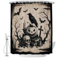 thumbnail image 1 of Small Stall Shower Curtain 36x78 Inch Narrow Half Size Halloween Bath Curtains Bathroom Decor, Fall Spooky Skulls Pumpkins Black Crow Bats Beige Waterproof Shower Curtain Set with Hooks 36 Inch, 1 of 7