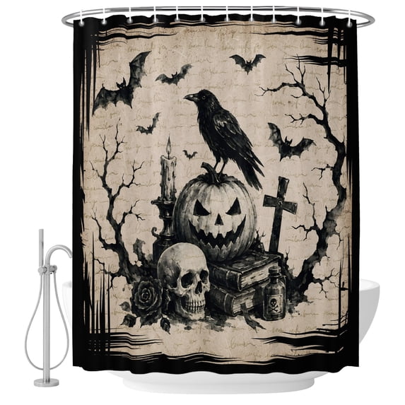 Small Stall Shower Curtain 36x78 Inch Narrow Half Size Halloween Bath Curtains Bathroom Decor, Fall Spooky Skulls Pumpkins Black Crow Bats Beige Waterproof Shower Curtain Set with Hooks 36 Inch