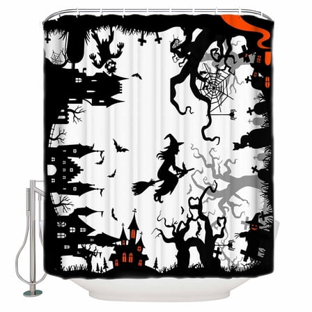 Small Stall Shower Curtain 36x78 Inch Narrow Half Size Halloween Bath Curtains Bathroom Decor Scary Cartoon Black Castle Forest Trees Waterproof Fabric Shower Curtain Set with Hooks 36 Inch